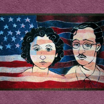 Painting of the faces of Ethel & Julius Rosenberg in the style of a simplistic drawing, in black and white, transposed over the image of the American flag in color. The image rests on a violet background.
