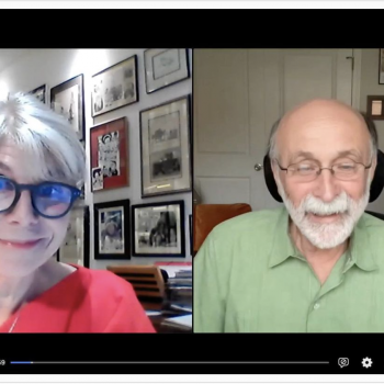 Screen shot of the online event, split screen between author Anne Sebba (left) and RFC Founder Robert Meeropol (right)