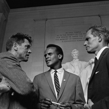 Harry Belafonte (center) with Burt Lancaster (left) and Charlton Heston (right) inside the Lincoln Memorial during the "March on Washington for Jobs and Freedom" on Aug. 28, 1963 in Washington, D.C.