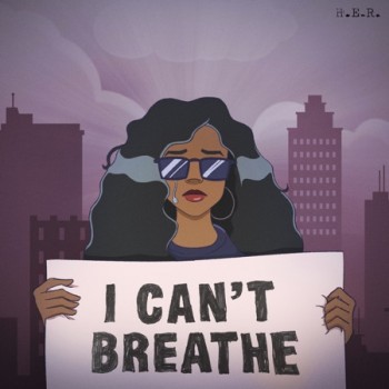 Illustration of the artist H.E.R. against a purple cityscape backdrop. She wears sunglasses, red lipstick, and long hair down; she holds up a poster that reads "I CAN'T BREATHE"