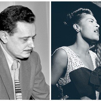 Dual pane image, black and white, Abel Meeropol on left, Billie Holiday on right