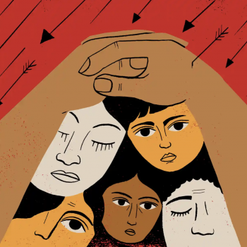 Caption: In disaster patriarchy, women lose their safety, their economic power, their autonomy, their education, and they are pushed on to the frontlines, unprotected, to be sacrificed. Illustration: A pair of clasped hands shields the faces of five femme presenting people against a hailstorm of arrows. By: Hanna Barczyk/Purple Rain/The Guardian