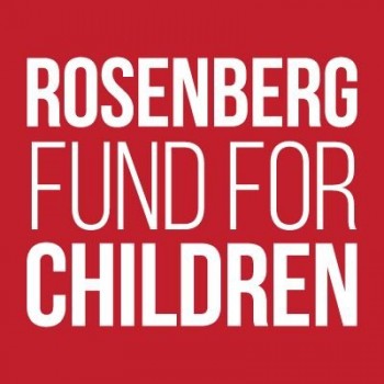 Red square Rosenberg Fund for Children logo in white text