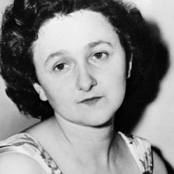Close up on Ethel Rosenberg's face, black and white photograph.
