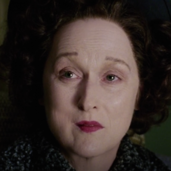 Close-up still frame, in color, of Meryl Streep portraying Ethel Rosenberg in the film "Angels in America" 