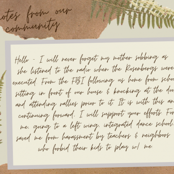 Web design of the handwritten letter quoted in the post's text. Scrapbook-style layout with beige note paper layered over a gray box, torn paper, fern fronds, and paper bag in the background.