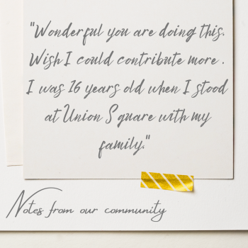 Graphic design of RFC donor testimonial (quote included in post text), arranged scrapbook-style, with quote text in silver on a white note card layered over another white note card, taped to a white background with a strip of yellow and white striped piece of tape.