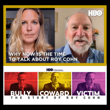 Collage including screenshot of Director Ivy Meeropol and her father Michael Meeropol for virtual conversation about her film "Bully. Coward. Victim." and movie's logo underneath over three block photos of Roy Cohn in red, yellow, and purple colorized photos.