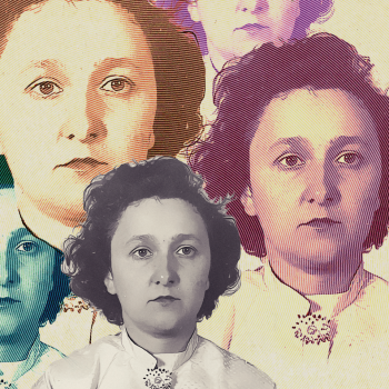 Colorful collage of Ethel Rosenberg's face in colorized photos in blues, yellows, and purples