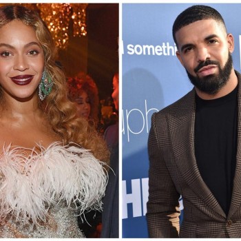 Split-screen image of performers Beyonce and Drake