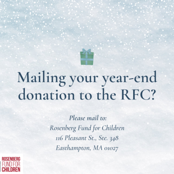 Designed image on light blue, snowy background, title reads "Mailing your year-end donation to the RFC?", subtitle gives the RFC's mailing address (116 Pleasant St., Ste. 348 Easthampton, MA 01027). A gift icon appears above the text with blue wrapping paper and green ribbon.