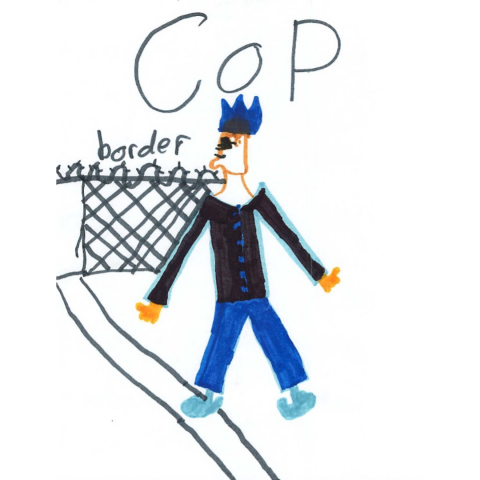 Children's drawing of a man labeled "Cop" at a wire fence labeled "border"