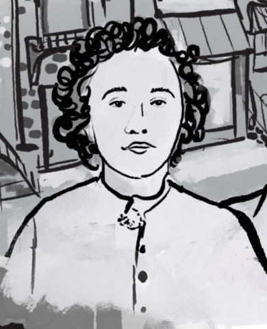 Black and white illustration of Ethel Rosenberg, line drawing with light water colors