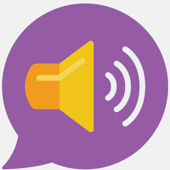 Megaphone with sound lines emitting, in a purple quote bubble
