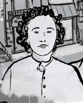 Black and white illustration of Ethel Rosenberg, a line drawing filled in with soft watercolors