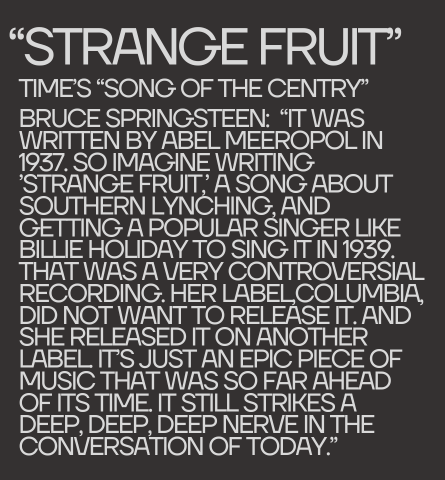 Strange Fruit word cloud including "TIME Song of the Century" and a quote by Bruce Springsteen