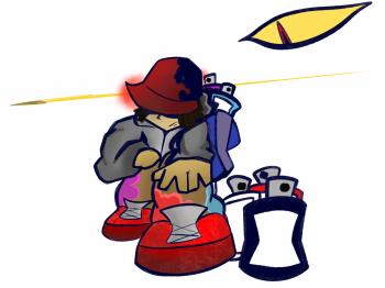 Illustration of an artist with paint and a yellow eye hovering above