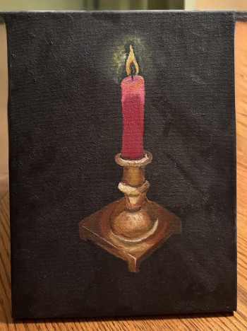 Painting of a red candle stick in a gold candle holder lit up against a black background