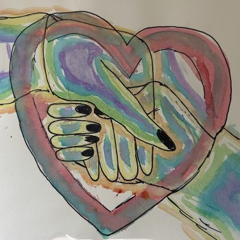 Two hands clasped with the outline of a heart
