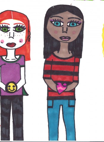 A thank you card drawn by a beneficiary. The image is of three young women