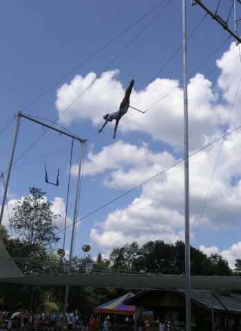 A beneficiary in mid-air on a trapeze